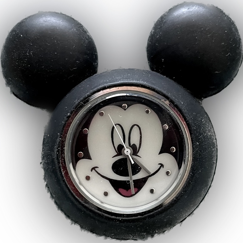 Disney Mickey Mouse metallic silver and black rubber watch face. No band. OS